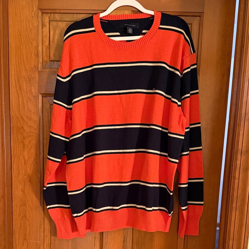 Tommy Hilfiger Orange and Navy Striped Crewneck Sweater